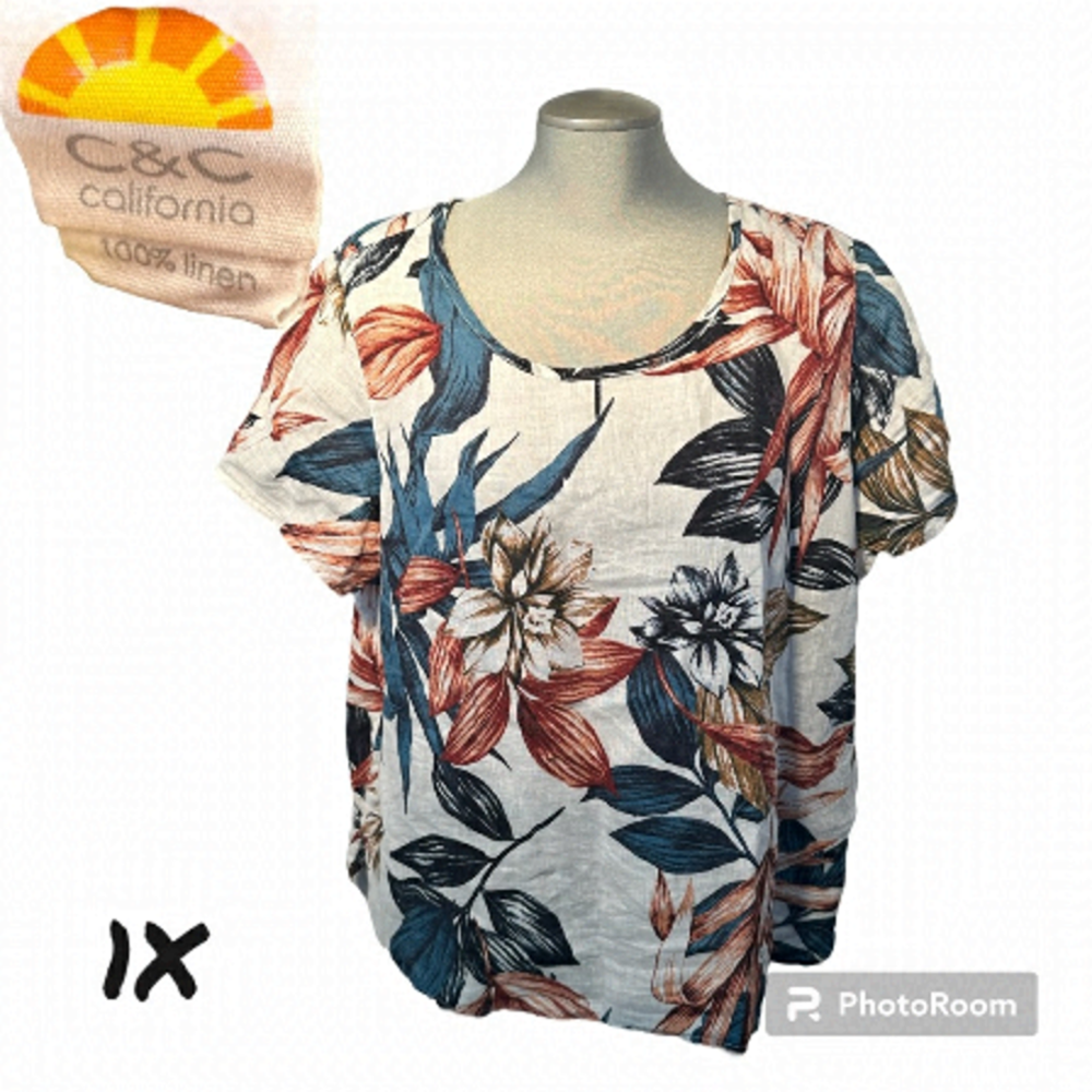 C&c California 100% linen tropical Hawaii vacation summer pull over hi-low 1X